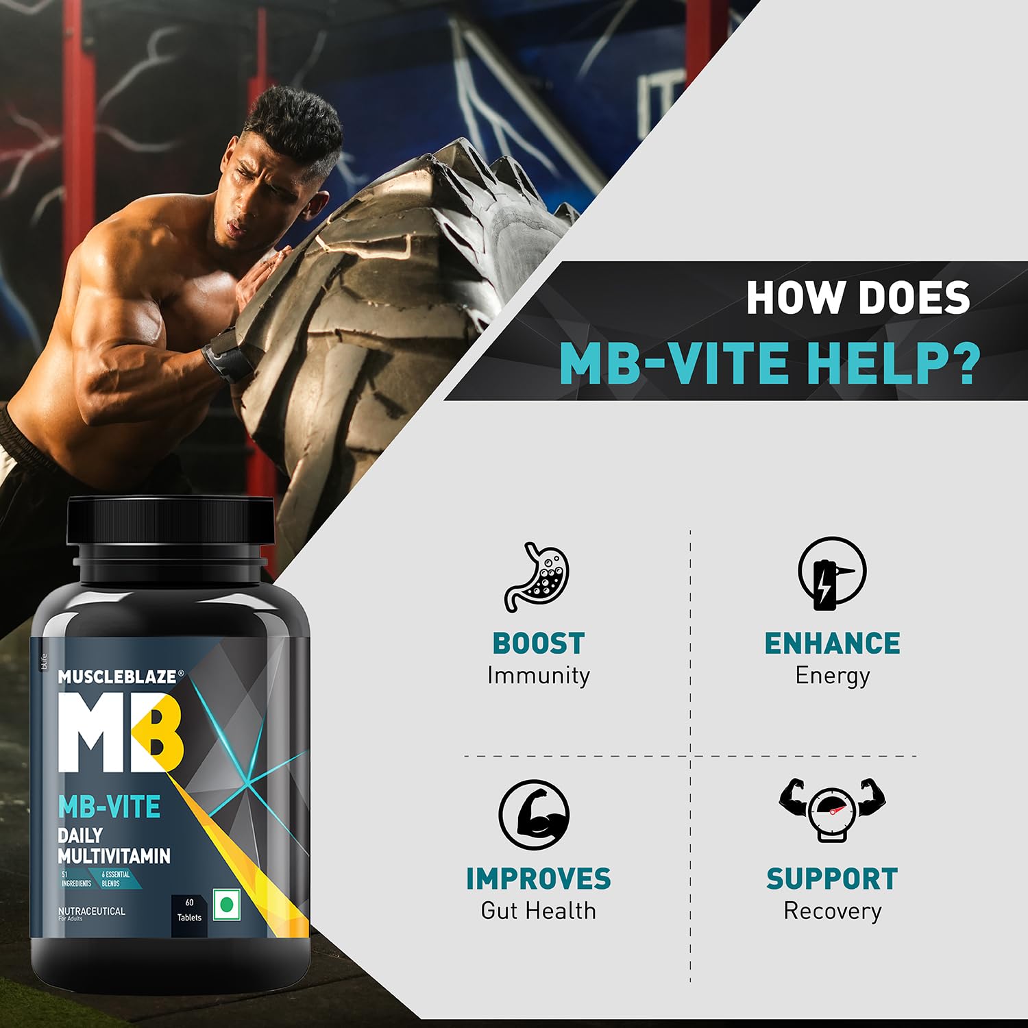 MuscleBlaze MB-Vite Daily Multivitamin, 60 Tablets | 51 Ingredients, 6 Blends | Adult Supplement - label detail
