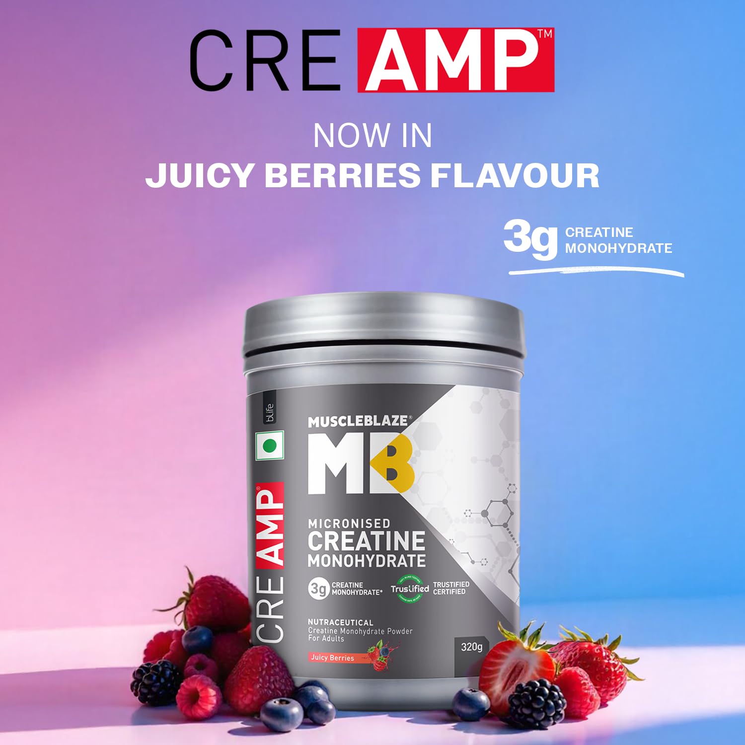 MuscleBlaze Micronised Creatine Monohydrate CreAMP Powder, 320g, Unisex Adult Supplement - front view