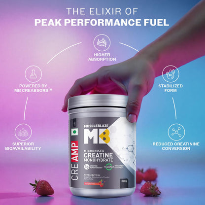 MuscleBlaze Micronised Creatine Monohydrate CreAMP Powder, 320g, Unisex Adult Supplement - back view