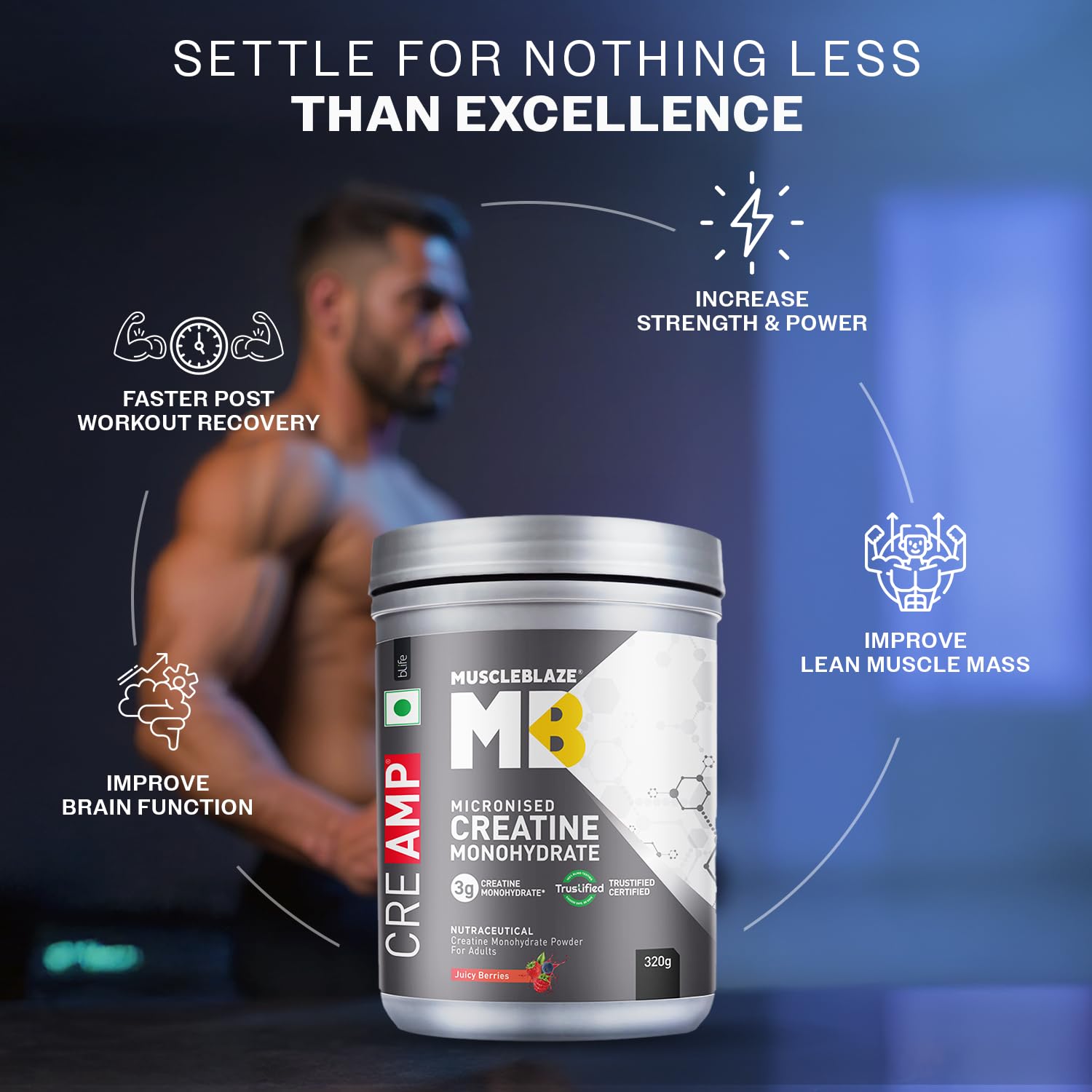 MuscleBlaze Micronised Creatine Monohydrate CreAMP Powder, 320g, Unisex Adult Supplement - packaging