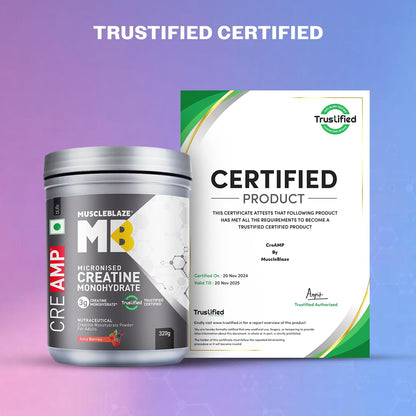 MuscleBlaze Micronised Creatine Monohydrate CreAMP Powder, 320g, Unisex Adult Supplement - label detail