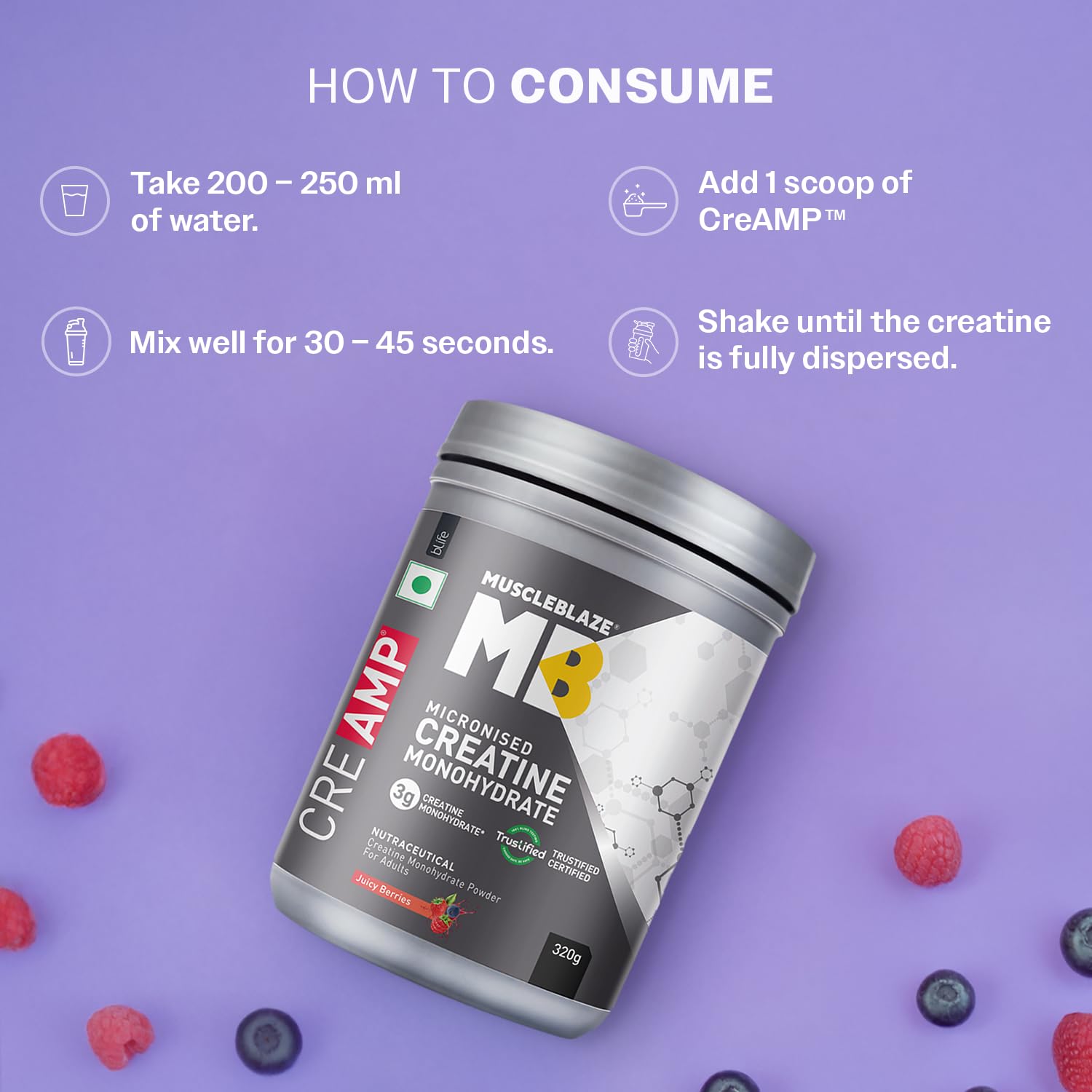 MuscleBlaze Micronised Creatine Monohydrate CreAMP Powder, 320g, Unisex Adult Supplement - ingredients panel