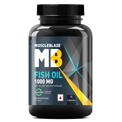 MuscleBlaze Omega 3 Fish Oil Capsules, 60 Count, 1000mg with EPA 180mg & DHA 120mg, Trustified Certified