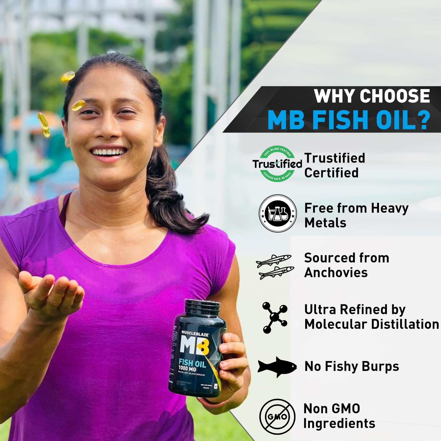 MuscleBlaze Omega 3 Fish Oil Capsules, 60 Count, 1000mg with EPA 180mg & DHA 120mg, Trustified Certified - front view