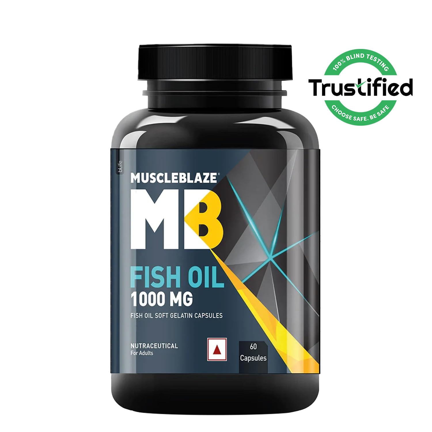 MuscleBlaze Omega 3 Fish Oil Capsules, 60 Count, 1000mg with EPA 180mg & DHA 120mg, Trustified Certified - label detail