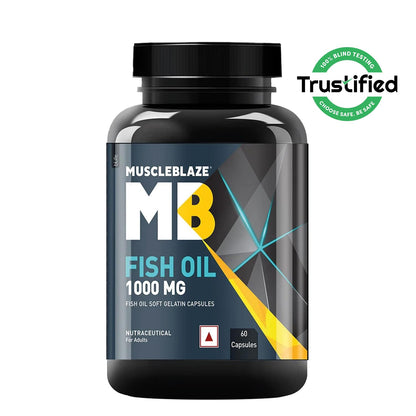 MuscleBlaze Omega 3 Fish Oil Capsules, 60 Count, 1000mg with EPA 180mg & DHA 120mg, Trustified Certified - label detail