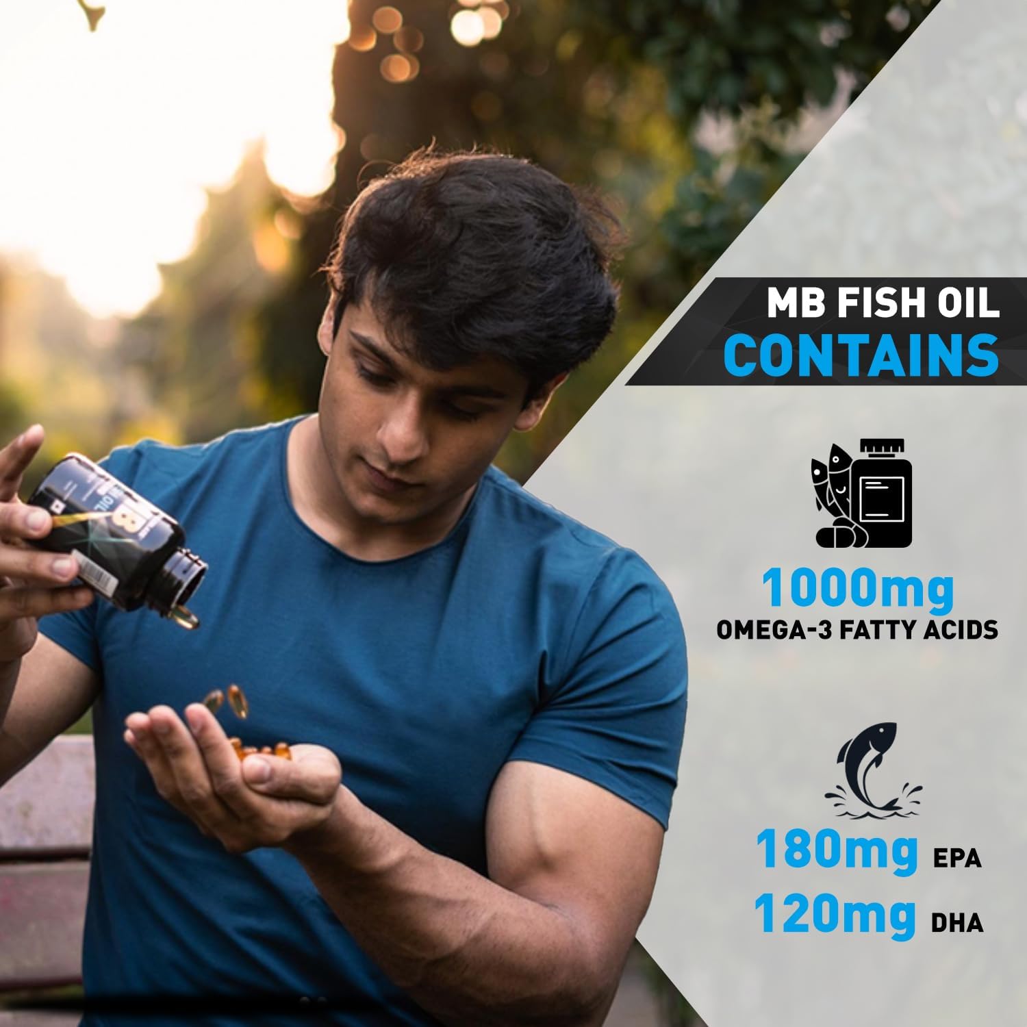 MuscleBlaze Omega 3 Fish Oil Capsules, 60 Count, 1000mg with EPA 180mg & DHA 120mg, Trustified Certified - close-up detail