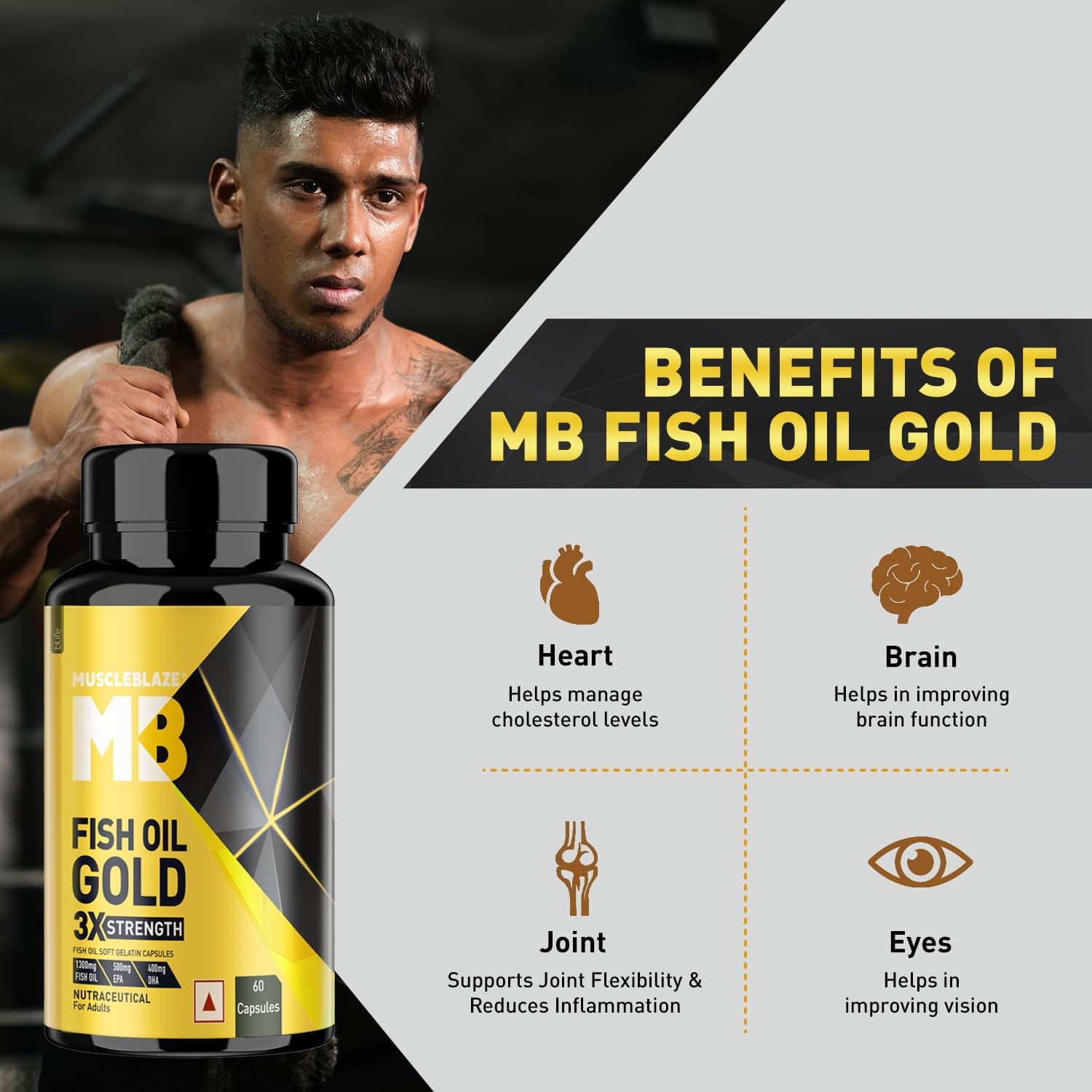 MuscleBlaze Omega 3 Fish Oil Gold, 60 Capsules, 3x Triple Strength, 1300mg with 500mg EPA & 400mg DHA - back view