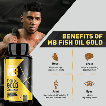 MuscleBlaze Omega 3 Fish Oil Gold, 60 Capsules, 3x Triple Strength, 1300mg with 500mg EPA & 400mg DHA - back view