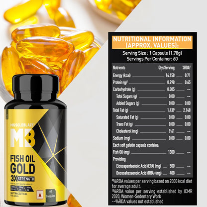 MuscleBlaze Omega 3 Fish Oil Gold, 60 Capsules, 3x Triple Strength, 1300mg with 500mg EPA & 400mg DHA - packaging