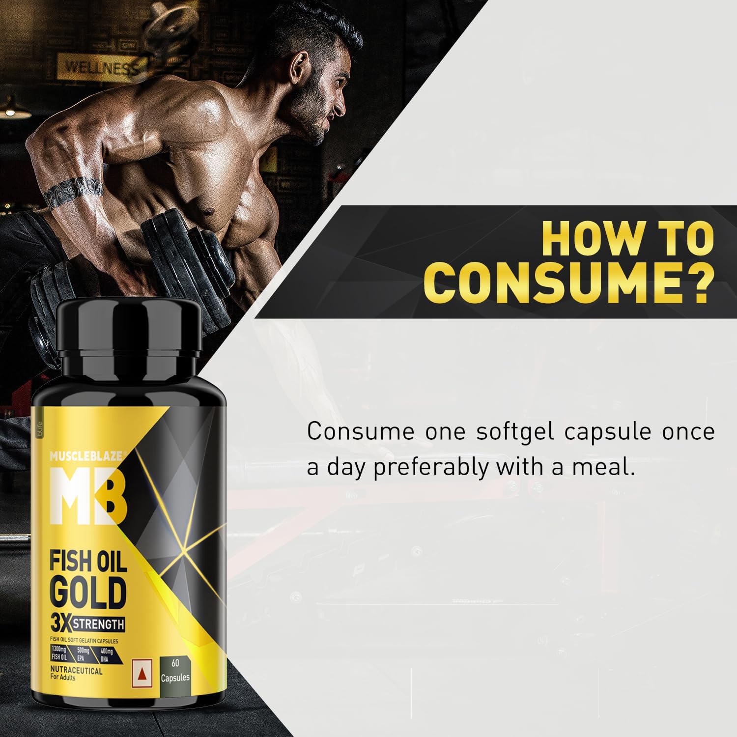 MuscleBlaze Omega 3 Fish Oil Gold, 60 Capsules, 3x Triple Strength, 1300mg with 500mg EPA & 400mg DHA - label detail