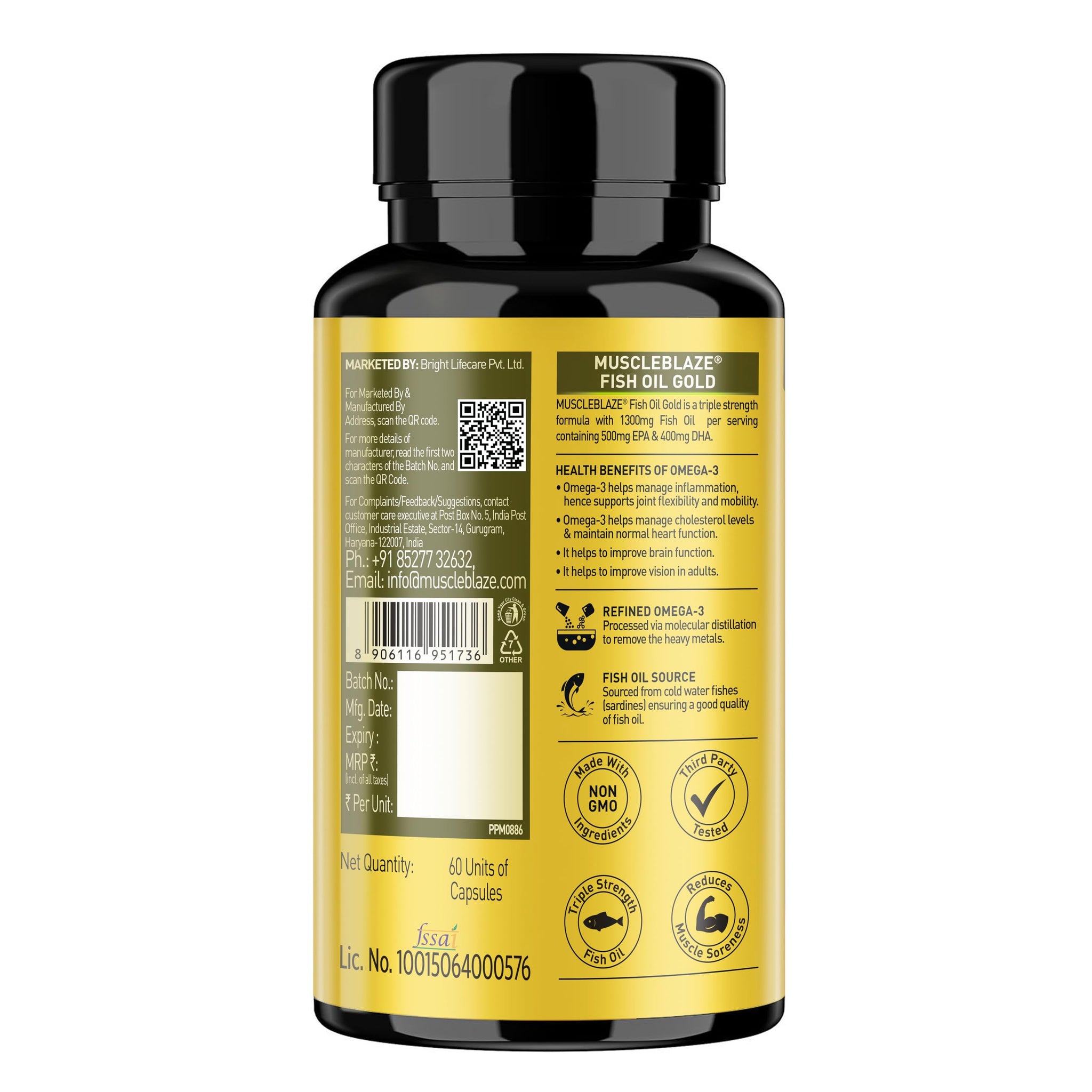 MuscleBlaze Omega 3 Fish Oil Gold, 60 Capsules, 3x Triple Strength, 1300mg with 500mg EPA & 400mg DHA - ingredients panel