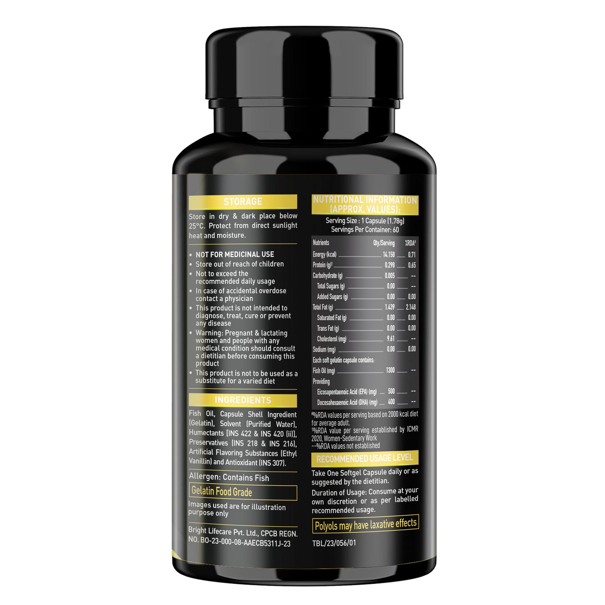 MuscleBlaze Omega 3 Fish Oil Gold, 60 Capsules, 3x Triple Strength, 1300mg with 500mg EPA & 400mg DHA - close-up detail