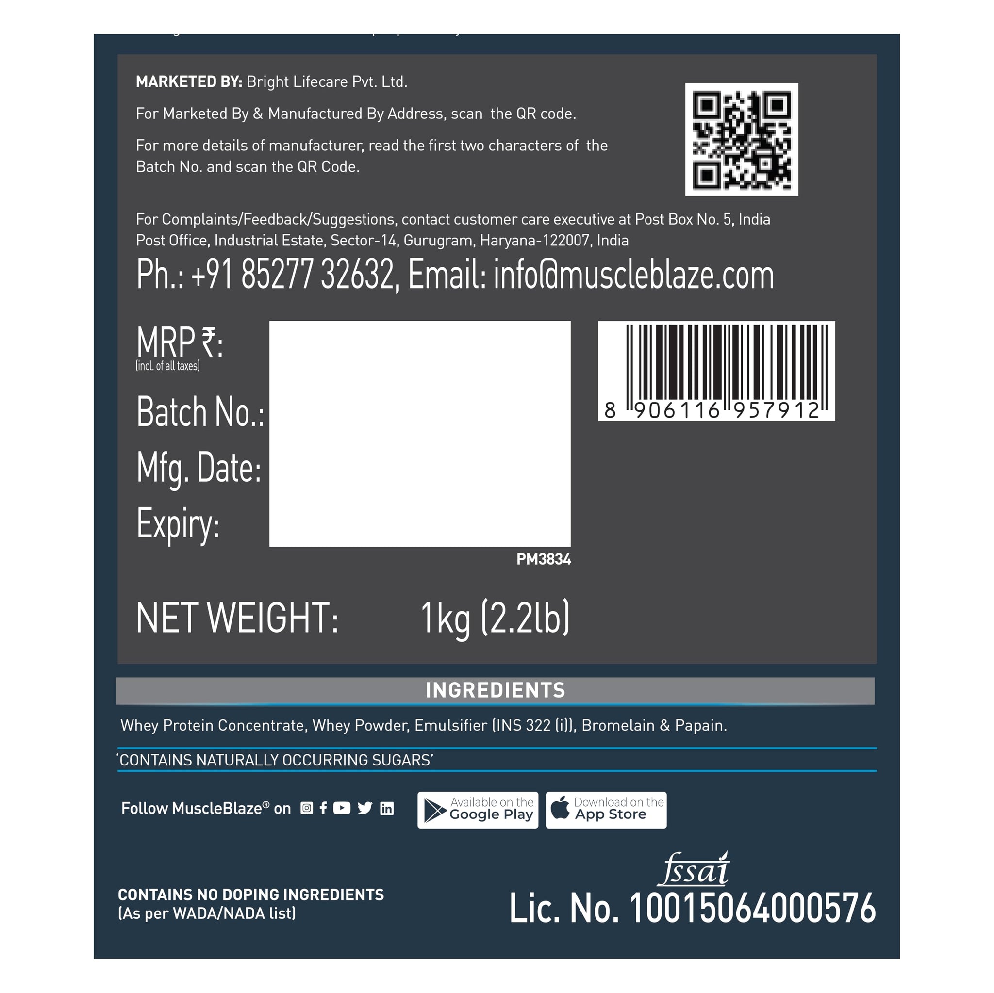 MuscleBlaze Raw Whey Protein Concentrate Powder, Unflavored, 1kg, 29 Servings - ingredients panel