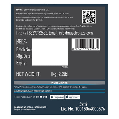 MuscleBlaze Raw Whey Protein Concentrate Powder, Unflavored, 1kg, 29 Servings - ingredients panel