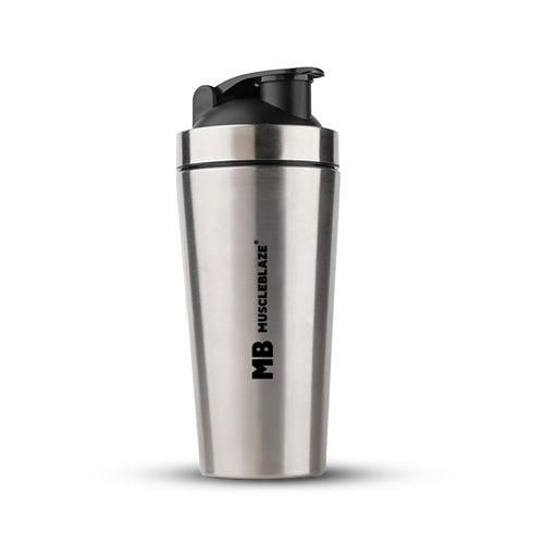 MuscleBlaze Stainless Steel Gym Shaker, 700ml, Silver, Leak-Proof Sports Shaker Bottle