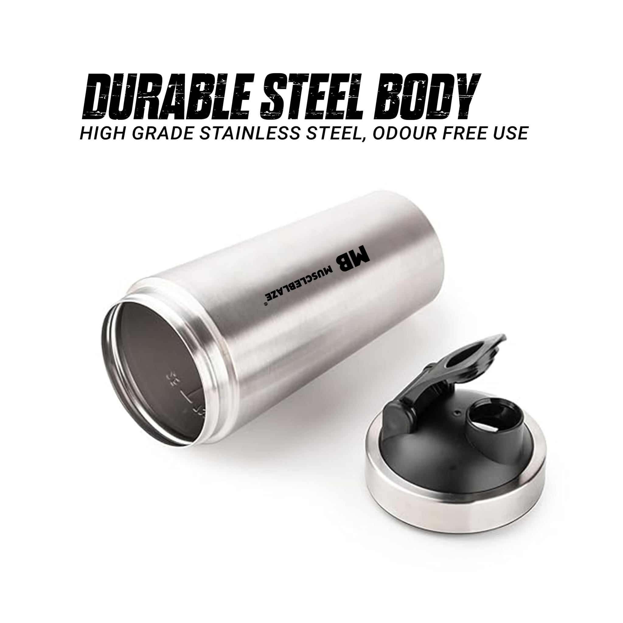 MuscleBlaze Stainless Steel Gym Shaker, 700ml, Silver, Leak-Proof Sports Shaker Bottle - front view