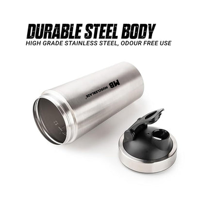 MuscleBlaze Stainless Steel Gym Shaker, 700ml, Silver, Leak-Proof Sports Shaker Bottle - front view