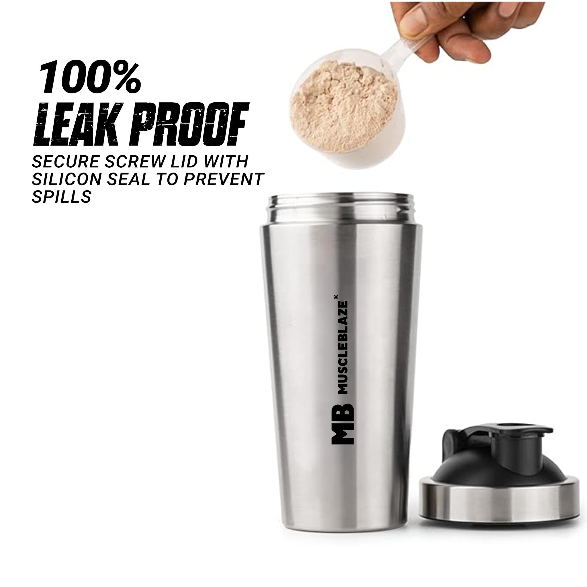 MuscleBlaze Stainless Steel Gym Shaker, 700ml, Silver, Leak-Proof Sports Shaker Bottle - packaging