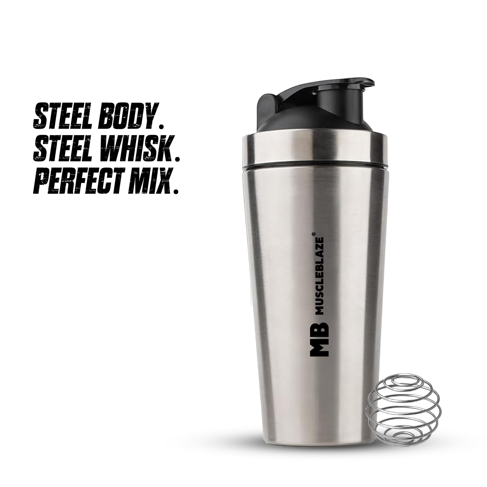 MuscleBlaze Stainless Steel Gym Shaker, 700ml, Silver, Leak-Proof Sports Shaker Bottle - label detail