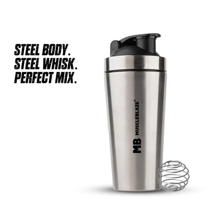 MuscleBlaze Stainless Steel Gym Shaker, 700ml, Silver, Leak-Proof Sports Shaker Bottle - label detail