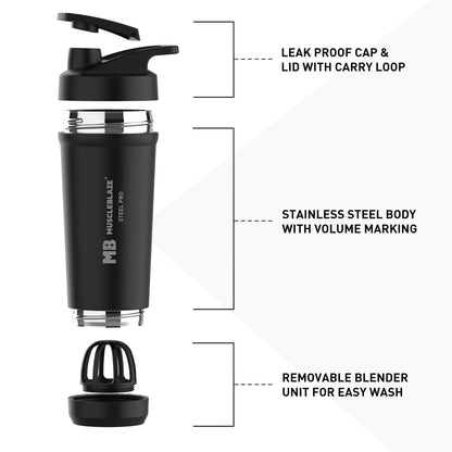 MuscleBlaze Stainless Steel Gym Shaker Pro Bottle, 700ml, Built-in Steel Whisk, Leakproof Closure - label detail (12)