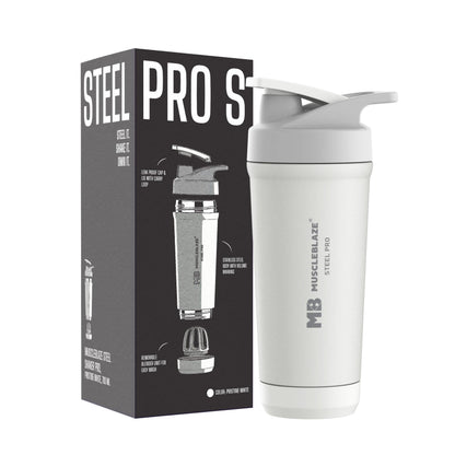 MuscleBlaze Stainless Steel Gym Shaker Pro Bottle, 700ml, Built-in Steel Whisk, Leakproof Closure - front view (16)