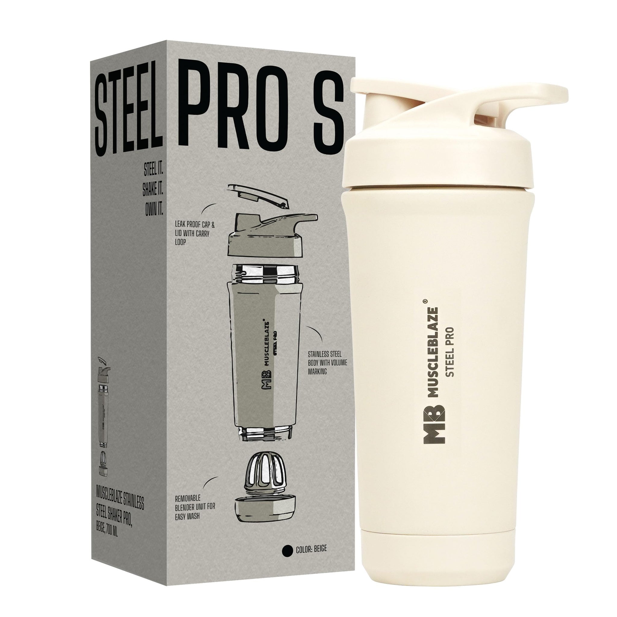 MuscleBlaze Stainless Steel Gym Shaker Pro Bottle, 700ml, Built-in Steel Whisk, Leakproof Closure - front view