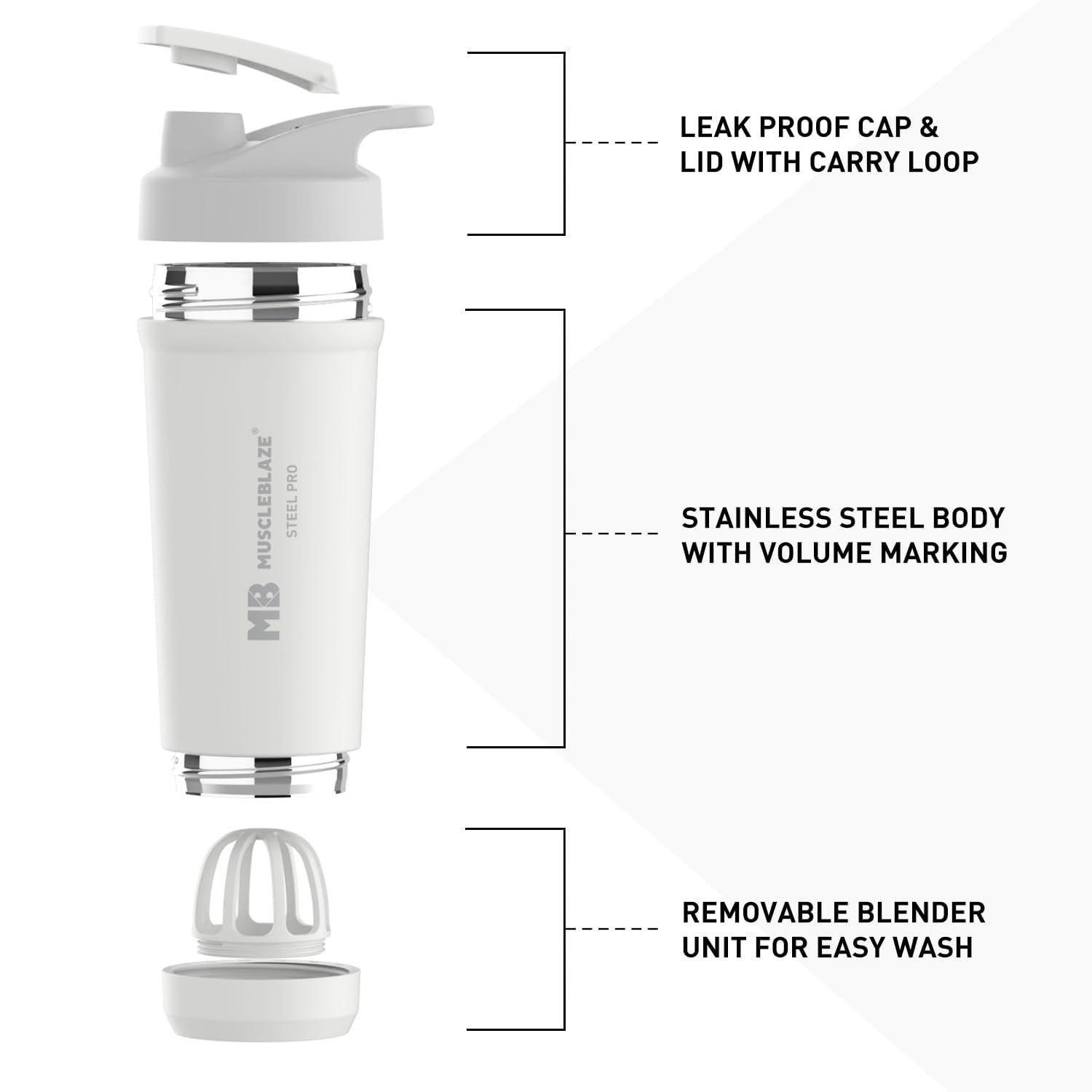 MuscleBlaze Stainless Steel Gym Shaker Pro Bottle, 700ml, Built-in Steel Whisk, Leakproof Closure - ingredients panel (20)