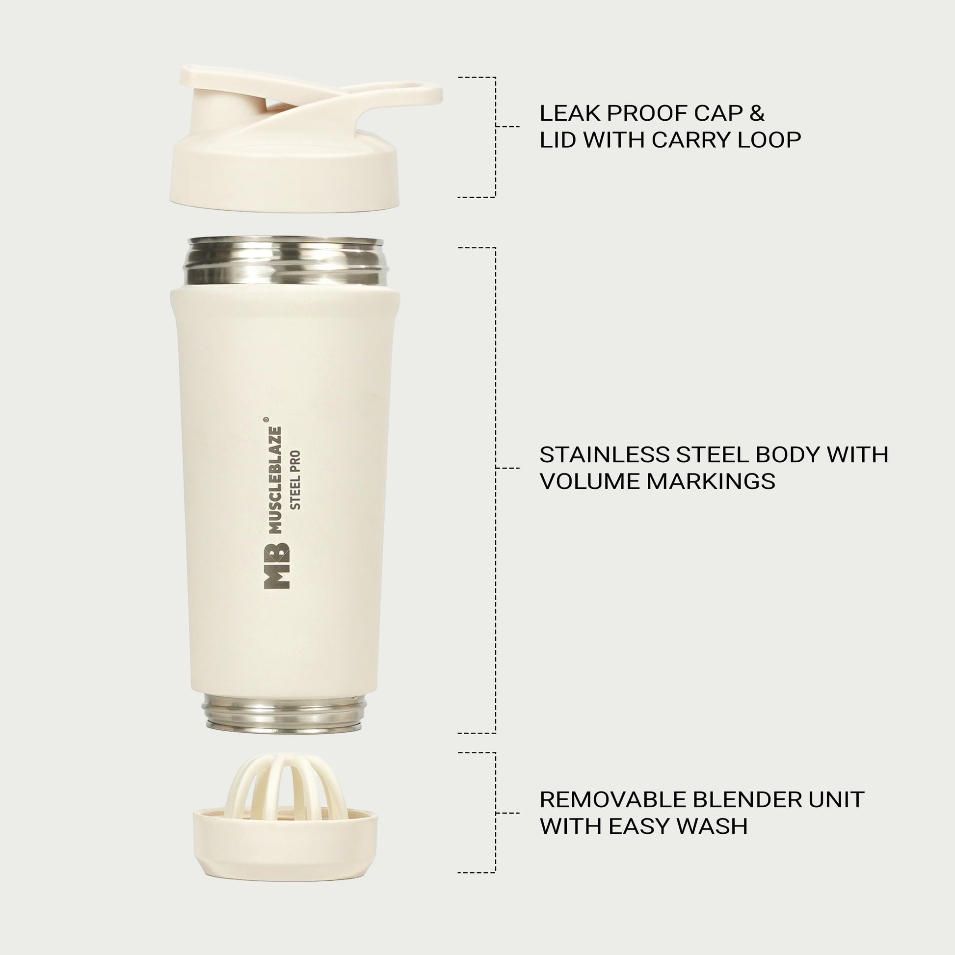 MuscleBlaze Stainless Steel Gym Shaker Pro Bottle, 700ml, Built-in Steel Whisk, Leakproof Closure - label detail