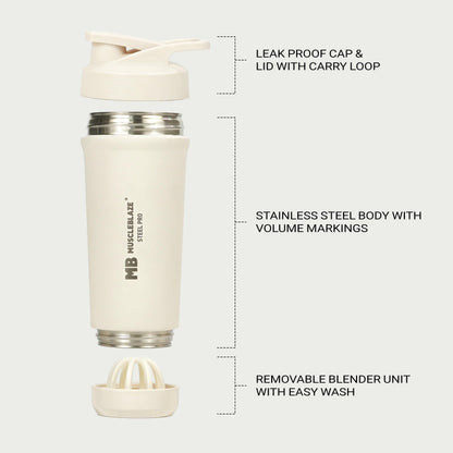 MuscleBlaze Stainless Steel Gym Shaker Pro Bottle, 700ml, Built-in Steel Whisk, Leakproof Closure - label detail