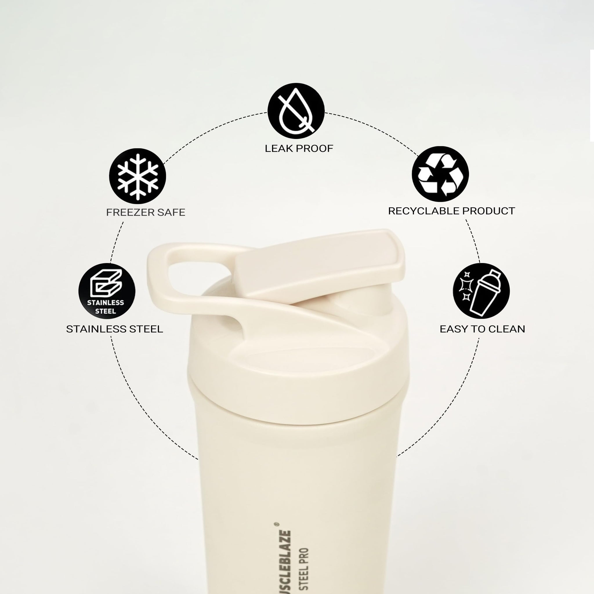 MuscleBlaze Stainless Steel Gym Shaker Pro Bottle, 700ml, Built-in Steel Whisk, Leakproof Closure - close-up detail
