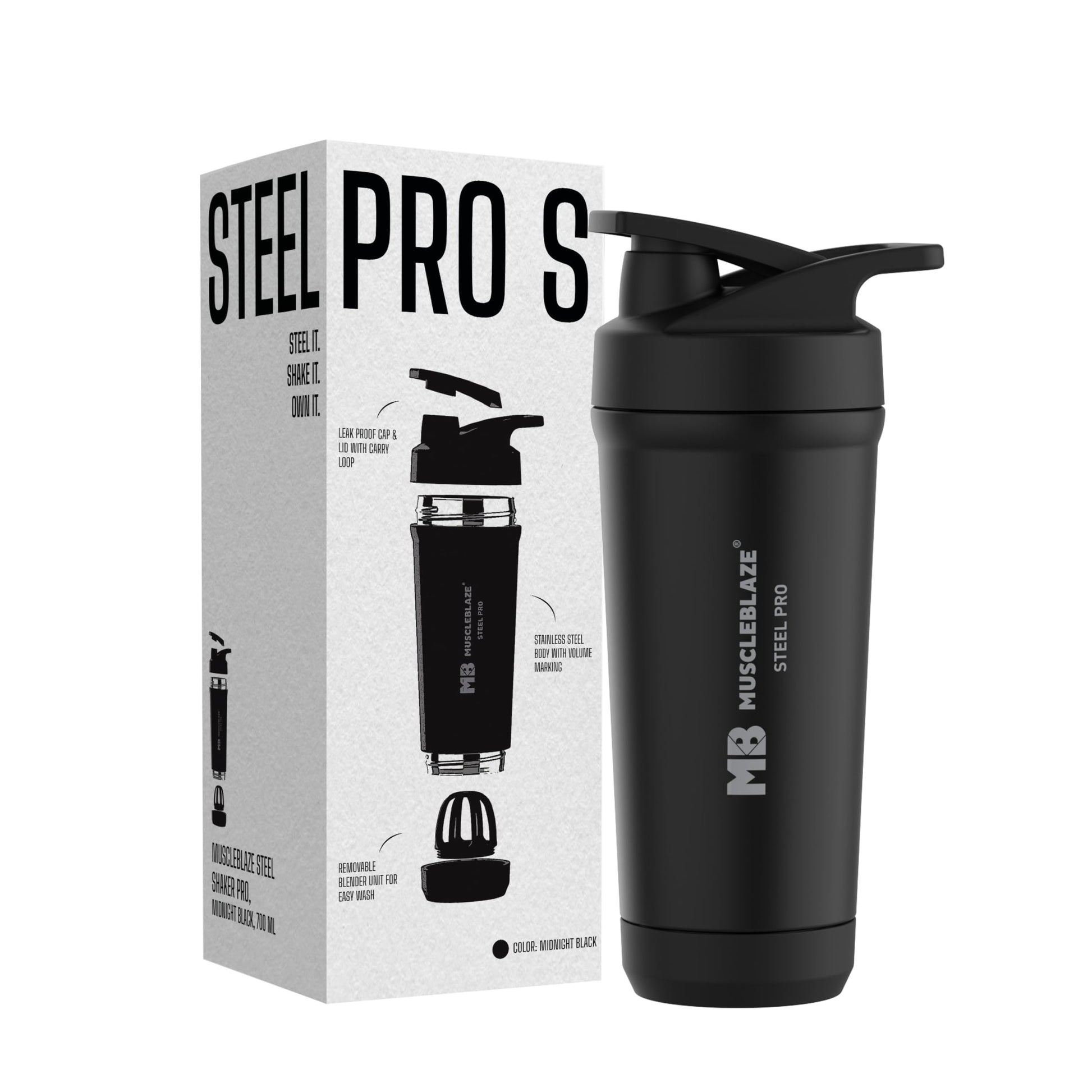 MuscleBlaze Stainless Steel Gym Shaker Pro Bottle, 700ml, Built-in Steel Whisk, Leakproof Closure - front view (9)