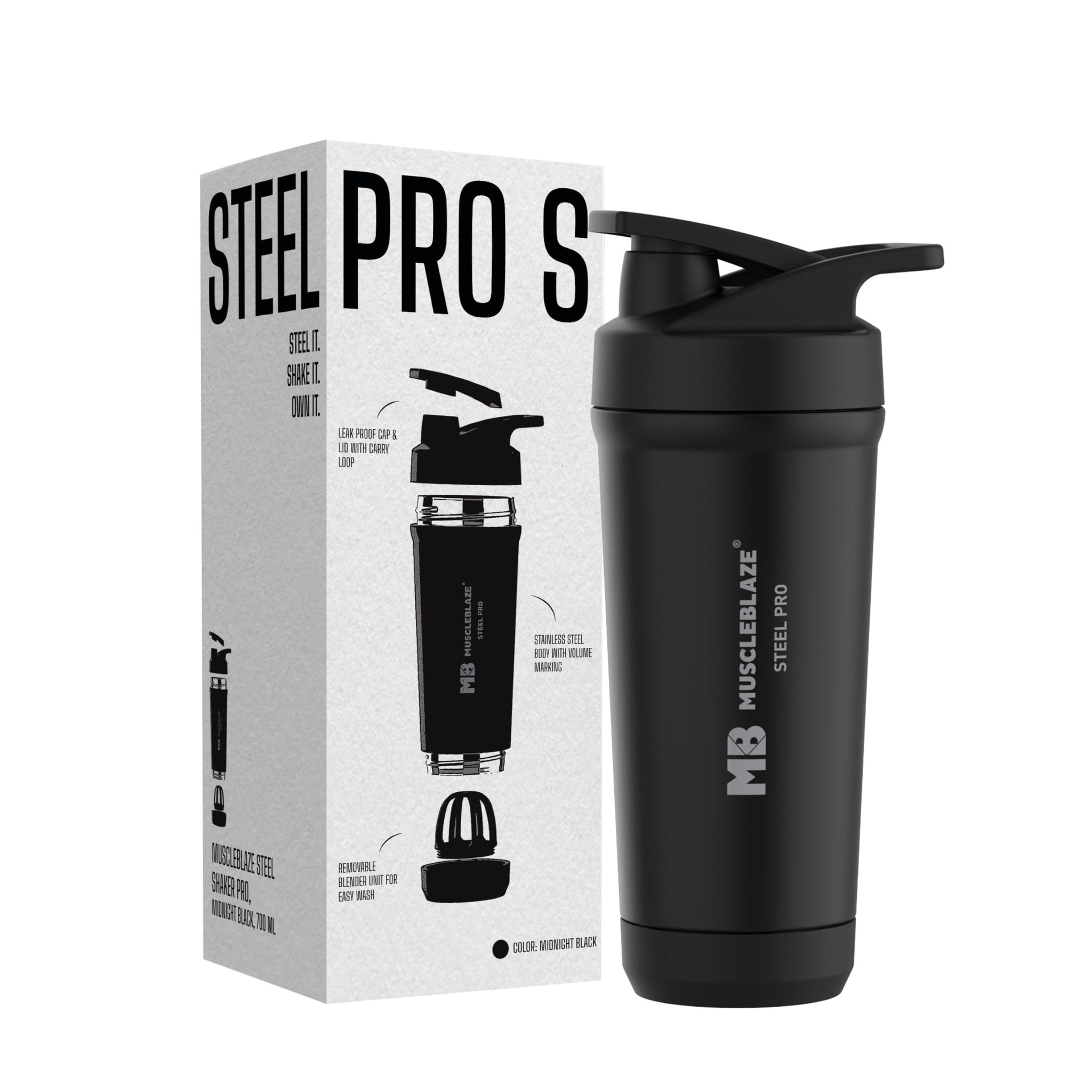 MuscleBlaze Stainless Steel Gym Shaker Pro Bottle, 700ml, Built-in Steel Whisk, Leakproof Closure - front view (9)