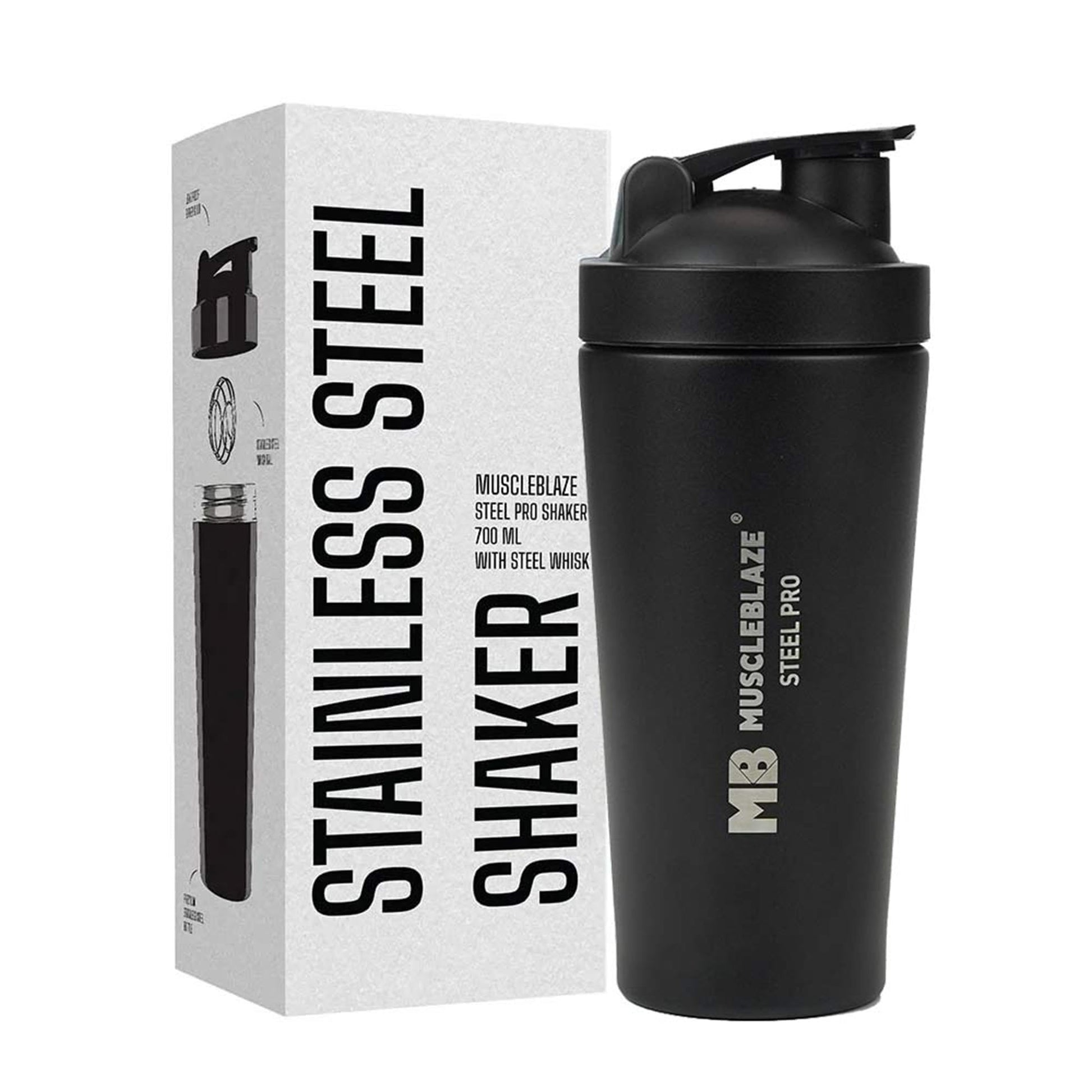 MuscleBlaze Stainless Steel Supplements Shaker Bottle, 700ml with Whisk Ball