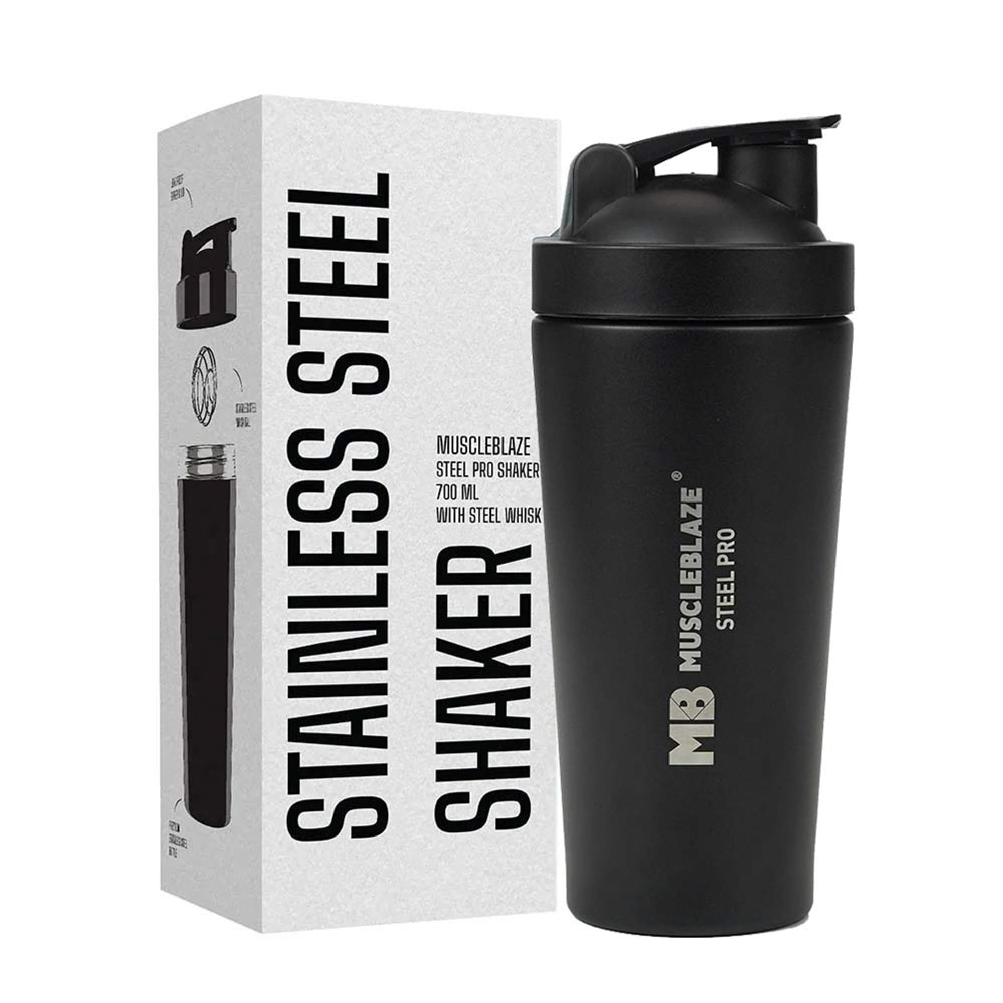 MuscleBlaze Stainless Steel Supplements Shaker Bottle, 700ml with Whisk Ball