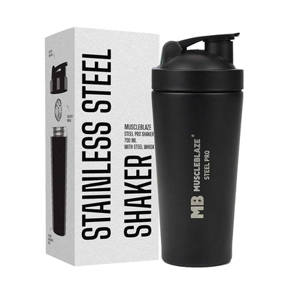 MuscleBlaze Stainless Steel Supplements Shaker Bottle, 700ml with Whisk Ball