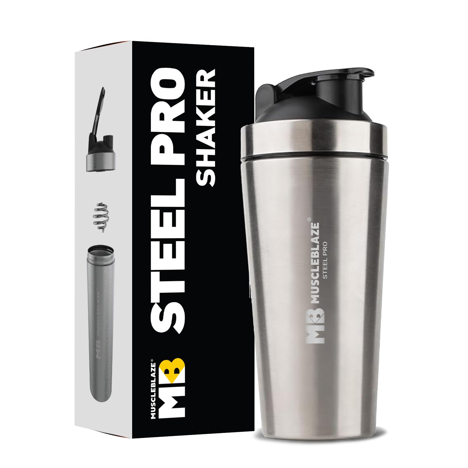 MuscleBlaze Stainless Steel Supplements Shaker Bottle, 700ml with Whisk Ball (10)