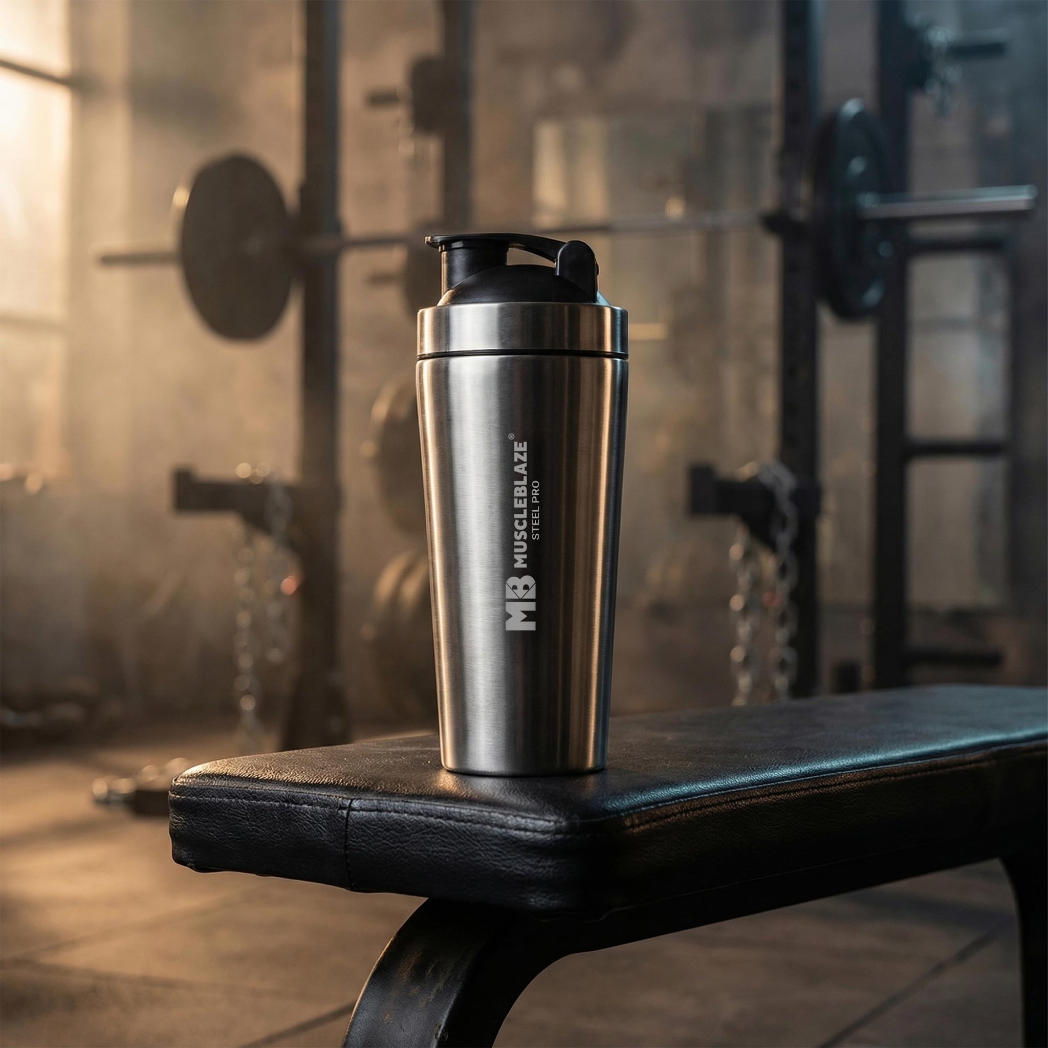 MuscleBlaze Stainless Steel Supplements Shaker Bottle, 700ml with Whisk Ball - front view (11)