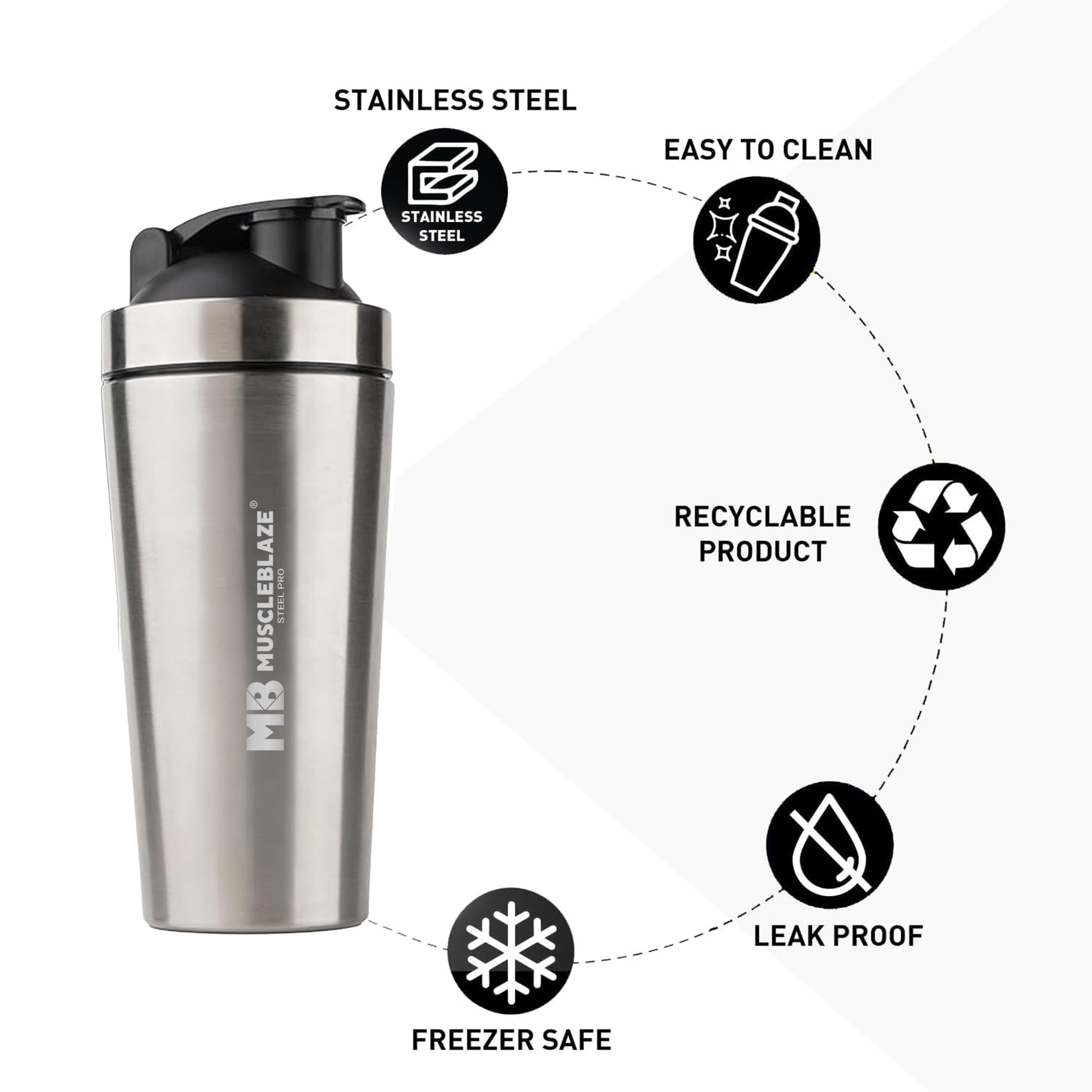 MuscleBlaze Stainless Steel Supplements Shaker Bottle, 700ml with Whisk Ball - label detail (14)