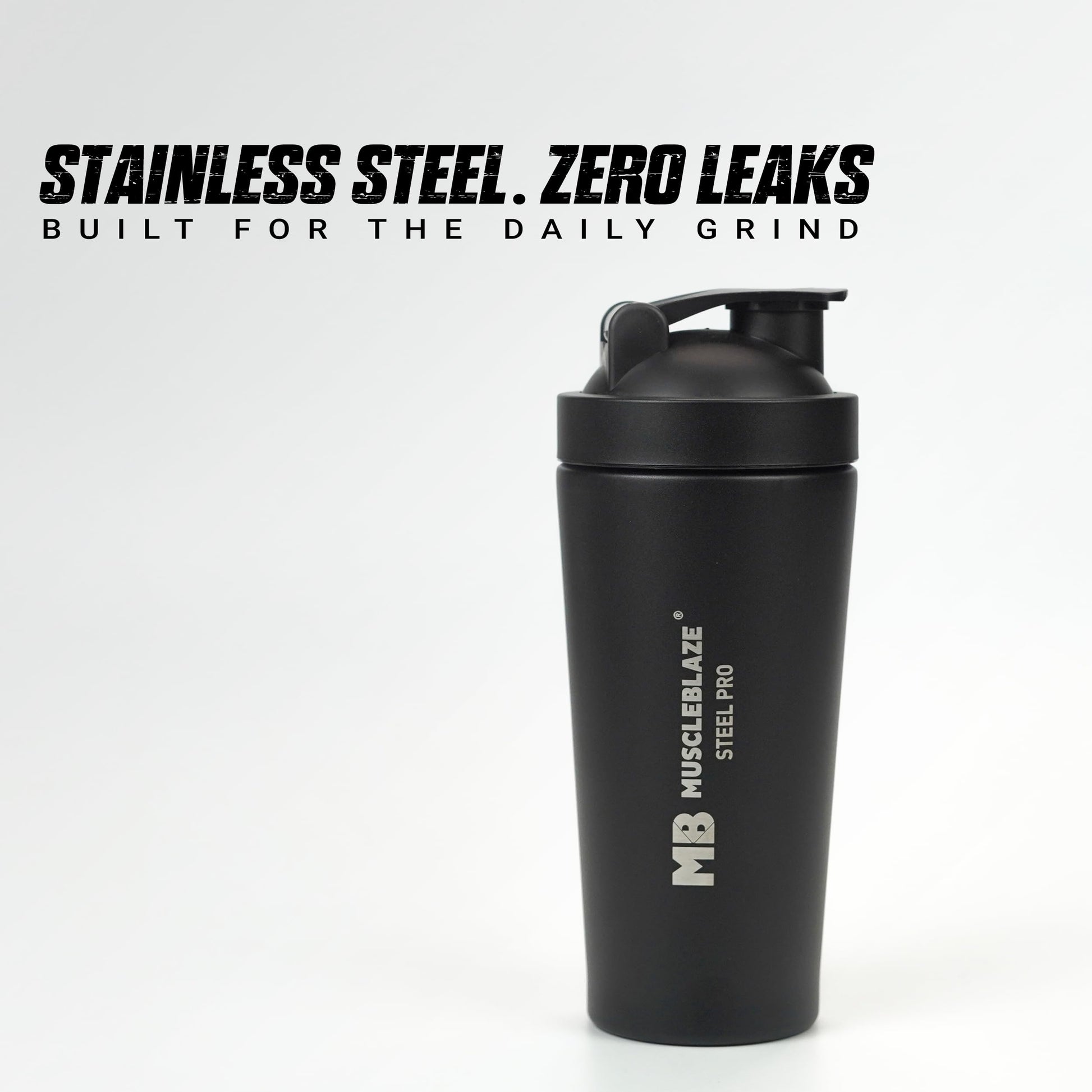 MuscleBlaze Stainless Steel Supplements Shaker Bottle, 700ml with Whisk Ball - ingredients panel