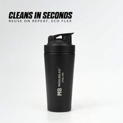 MuscleBlaze Stainless Steel Supplements Shaker Bottle, 700ml with Whisk Ball - in use