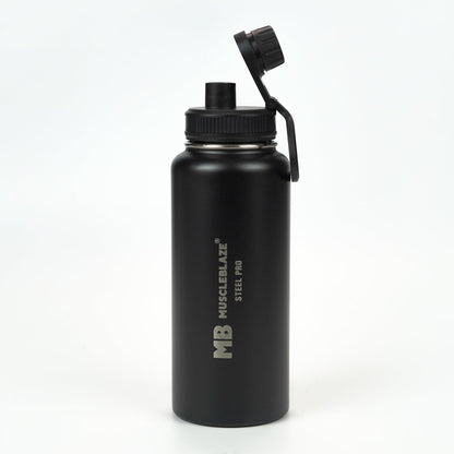 MuscleBlaze Stainless Steel Vacuum Insulated Water Bottle Thermos, 1L, Wide Mouth, Leak-Proof Lid - in use
