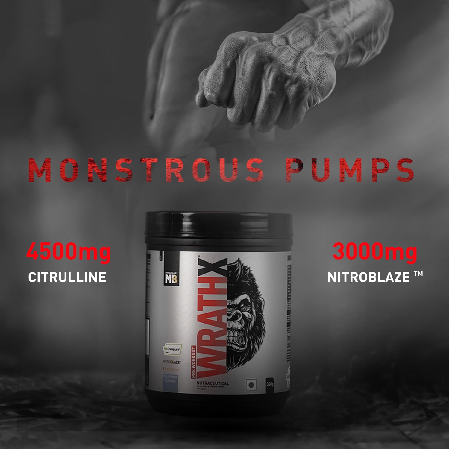 MuscleBlaze WrathX PUMP Pre-Workout Powder with Citrulline & Nitrosigine, Unisex Supplement - front view (11)