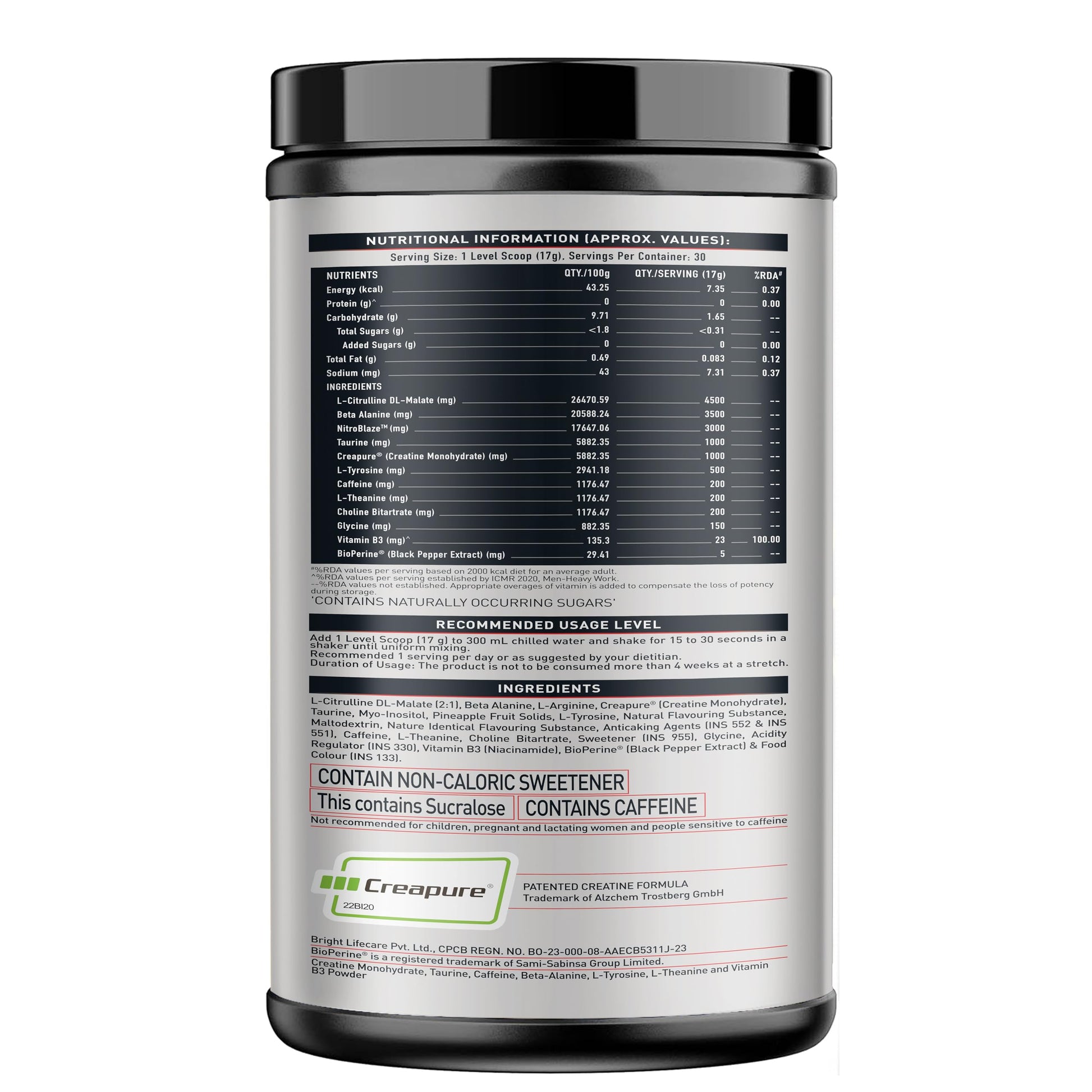 MuscleBlaze WrathX PUMP Pre-Workout Powder with Citrulline & Nitrosigine, Unisex Supplement - ingredients panel (22)