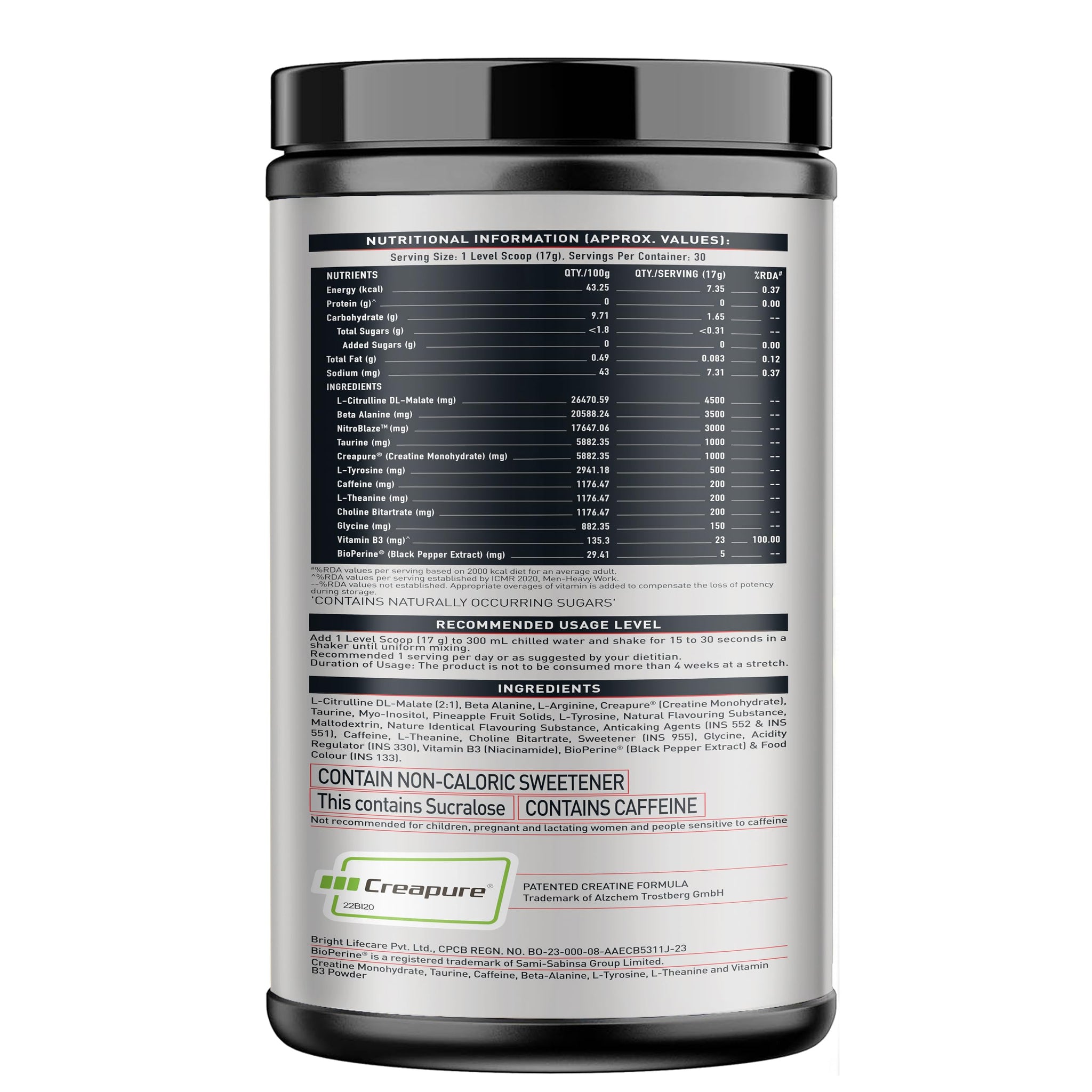 MuscleBlaze WrathX PUMP Pre-Workout Powder with Citrulline & Nitrosigine, Unisex Supplement - ingredients panel (22)