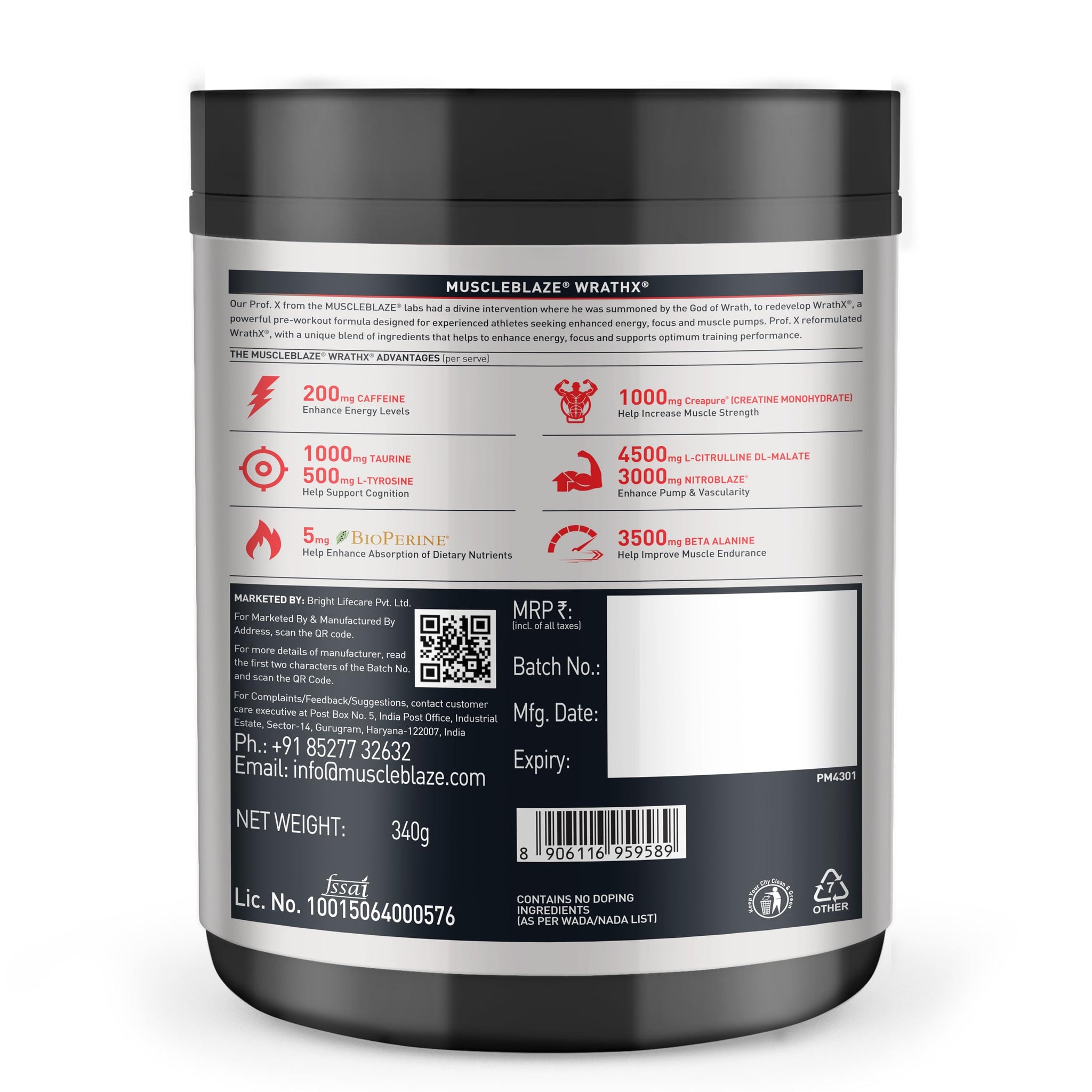 MuscleBlaze WrathX PUMP Pre-Workout Powder with Citrulline & Nitrosigine, Unisex Supplement - front view (32)