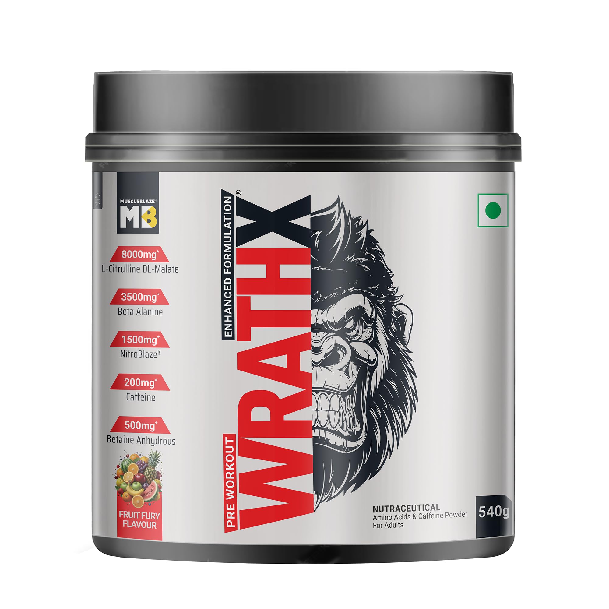 MuscleBlaze WrathX PUMP Pre-Workout Powder with Citrulline & Nitrosigine, Unisex Supplement (38)