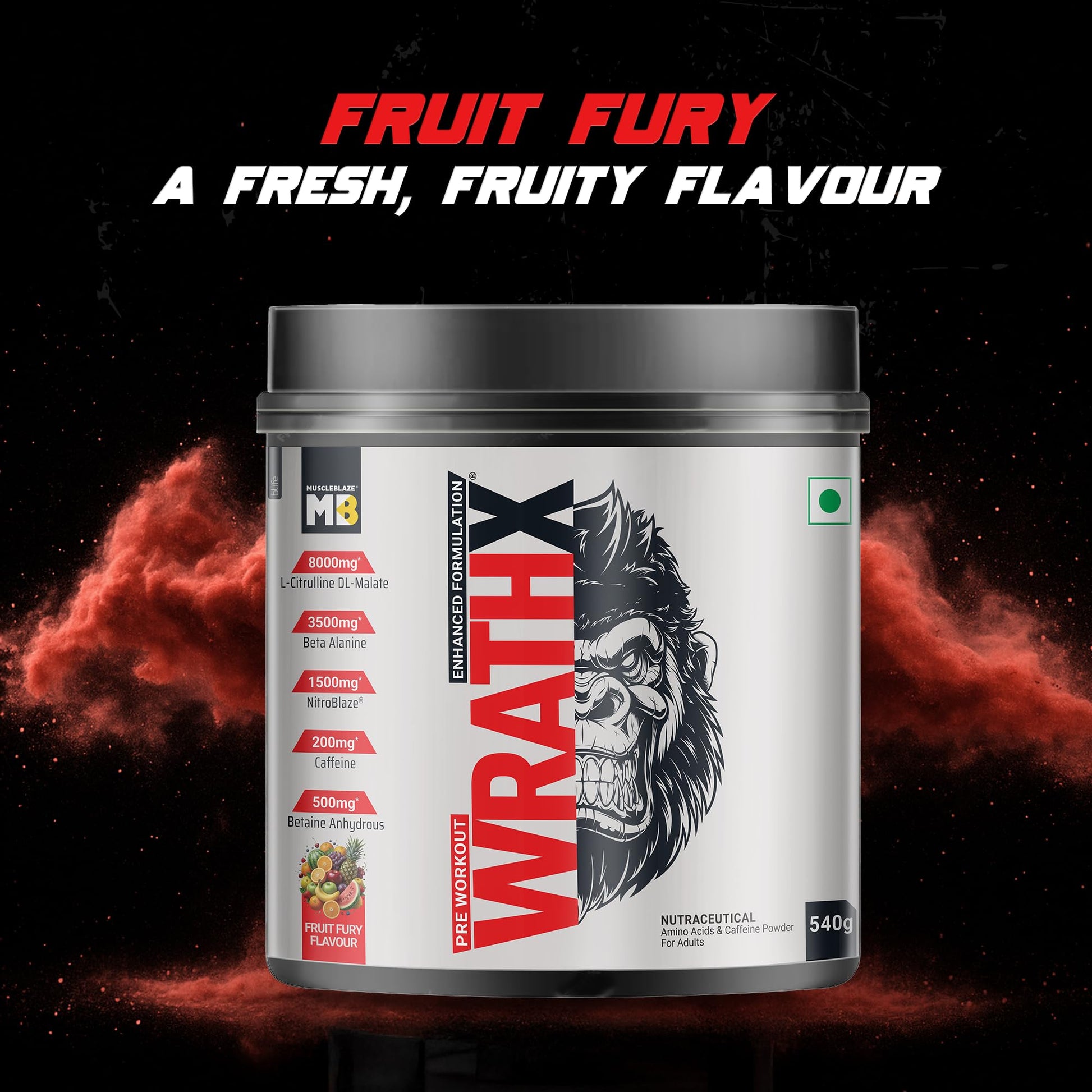 MuscleBlaze WrathX PUMP Pre-Workout Powder with Citrulline & Nitrosigine, Unisex Supplement - back view (40)