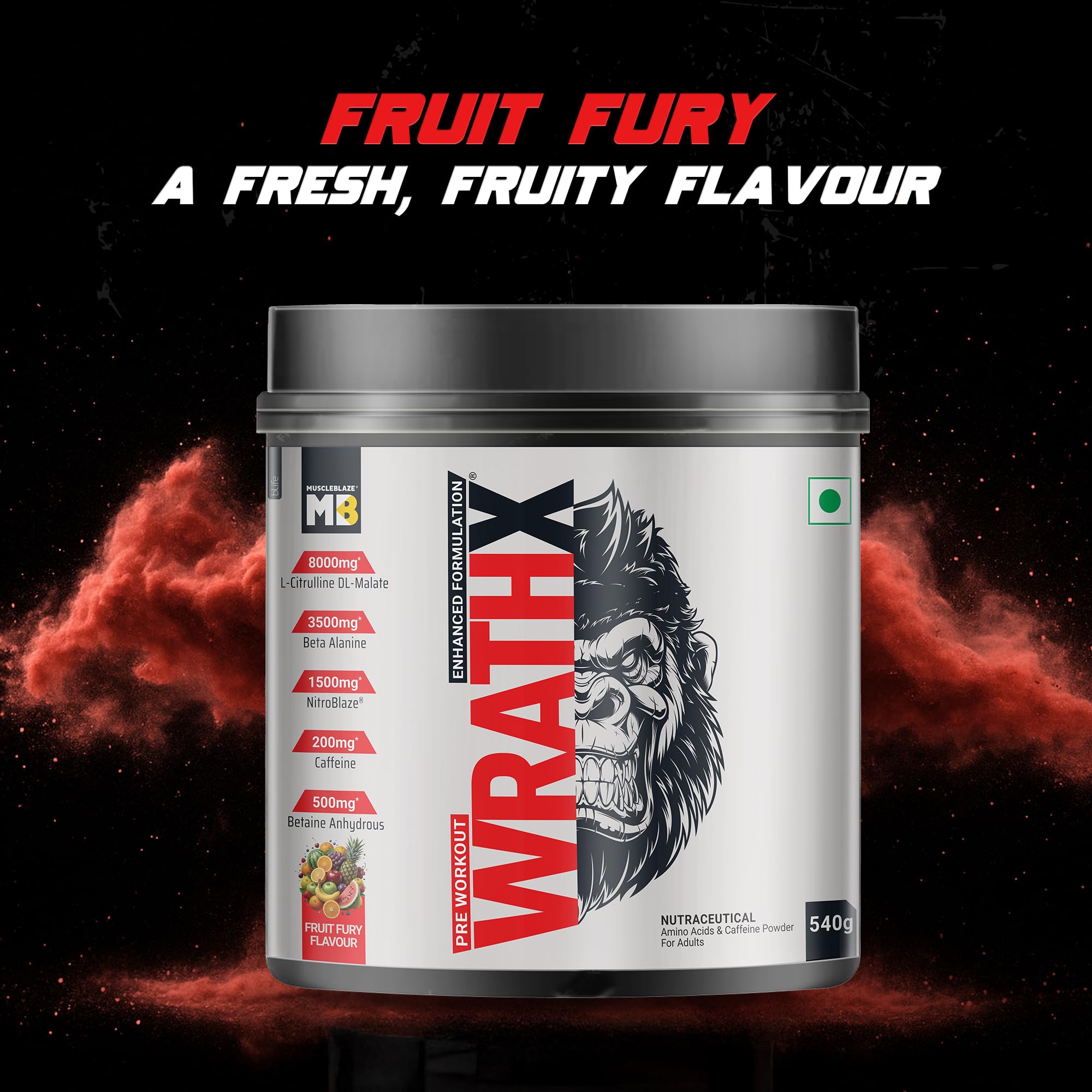 MuscleBlaze WrathX PUMP Pre-Workout Powder with Citrulline & Nitrosigine, Unisex Supplement - back view (40)